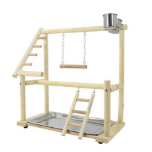 (As show, One size) Bird Perch Stand Parrots Playstand With Stainless Steel Tray Feeding Cups Ladder Swing Wood Toy For Bird Playground Wood Perch Stand With Bowls