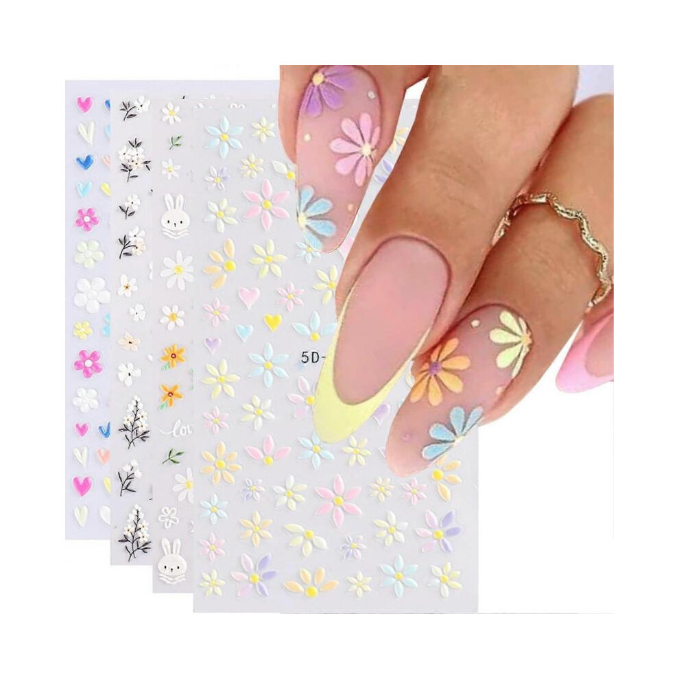 Flower Nail Art Stickers 5D Embossed Nail Decals Daisy Nail Art Self Adhesive Sticker