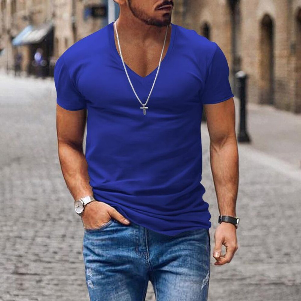 (sapphire, S) Men's Fashion V Neck Summer Shirts Short Sleeve Casual Gym Athletic Tee Top Workout Bodybuilding Slim FIt T Shirts