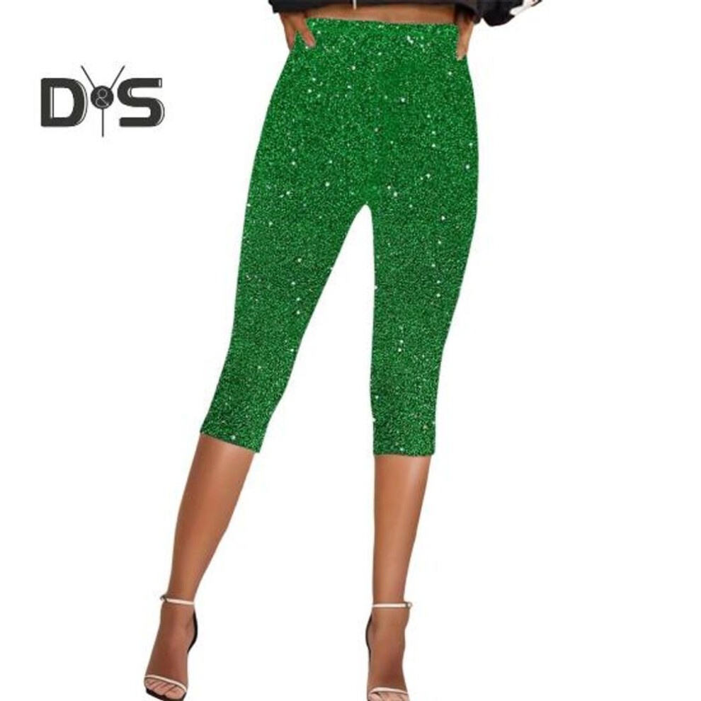 (green, M) Women Cropped Pants Elastic High Waist Skinny Fit Shiny Sequins Pants Vacation Travel Work Casual Pants