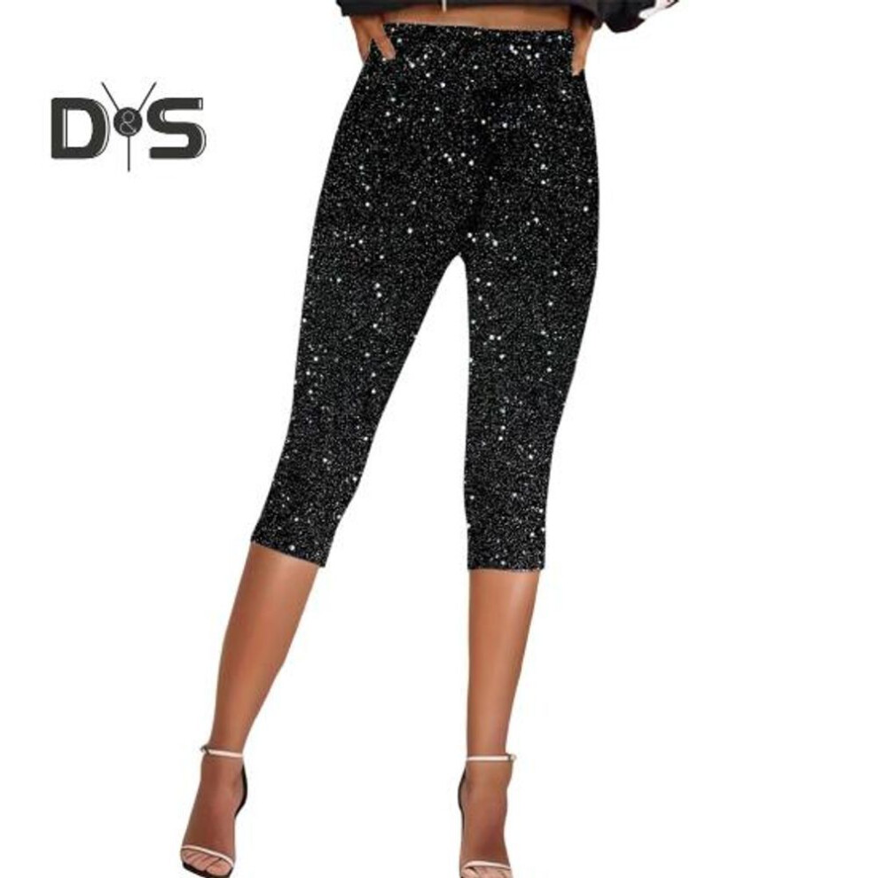 (black, 2XL) Women Cropped Pants Elastic High Waist Skinny Fit Shiny Sequins Pants Vacation Travel Work Casual Pants