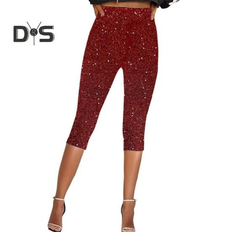 (red, 2XL) Women Cropped Pants Elastic High Waist Skinny Fit Shiny Sequins Pants Vacation Travel Work Casual Pants