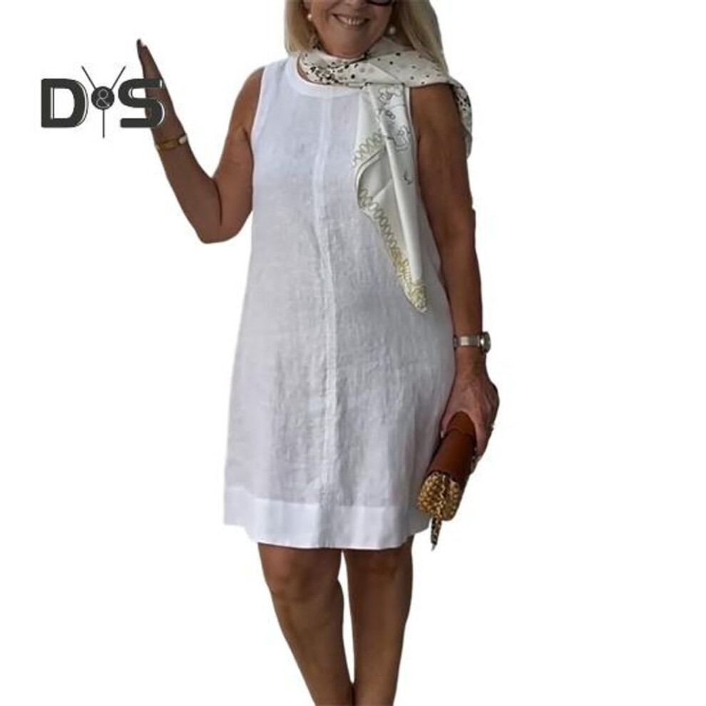 (white, XXXL) Women Summer Dress Sleeveless Round Neck Pure Color Knee Length Vest Dress Loose Pullover Dress for Daily Wear Dating