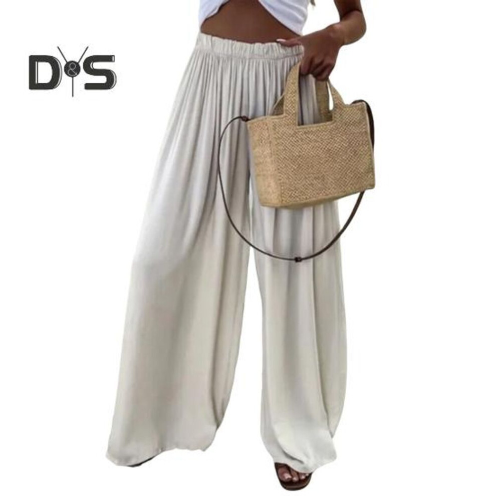 (apricot, S) Women Pants Oversize Wide Leg Elastic Waist Casual Trousers Loose Fit Solid Color Thin Long Pants Daily Wear