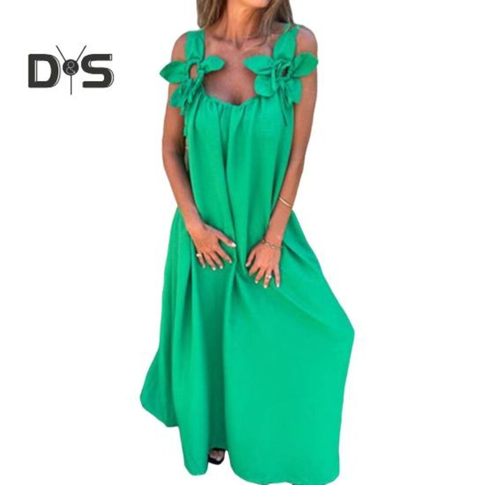 (green, L) Women Dress 3D Rose Decor Shoulder Strap Sleeveless Pleated Slip Dress Loose Solid Color Backless Maxi Dress for Beach Party Datings