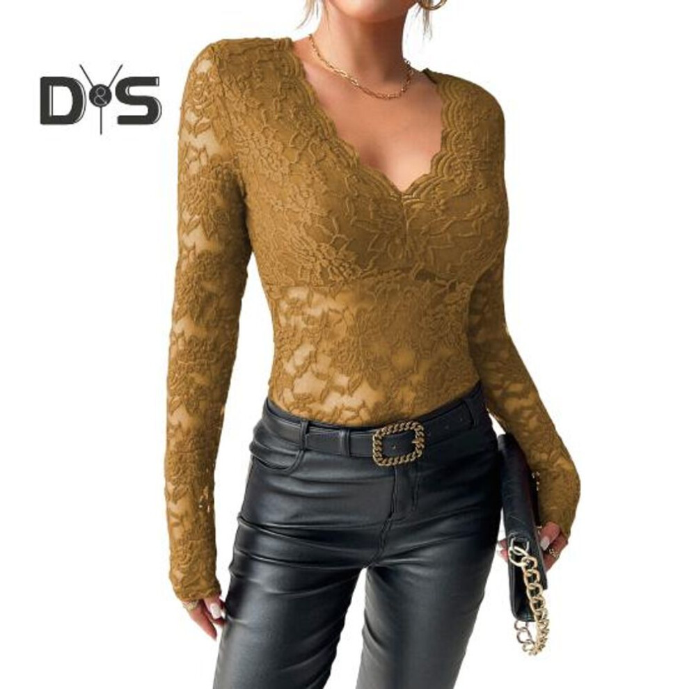 (M, yellow) Women Tops Solid Color V-Neck Long Sleeve Shirt See-through Embroidery Lace Flower Pattern Casual Shirt
