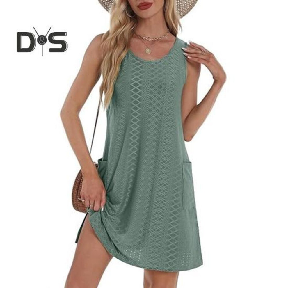 (green, XL) Summer Hawaii Dress with Pockets Round Neck A-line Loose Sleeveless Hollow Out Slit Hem Casual Beach Mini Dress