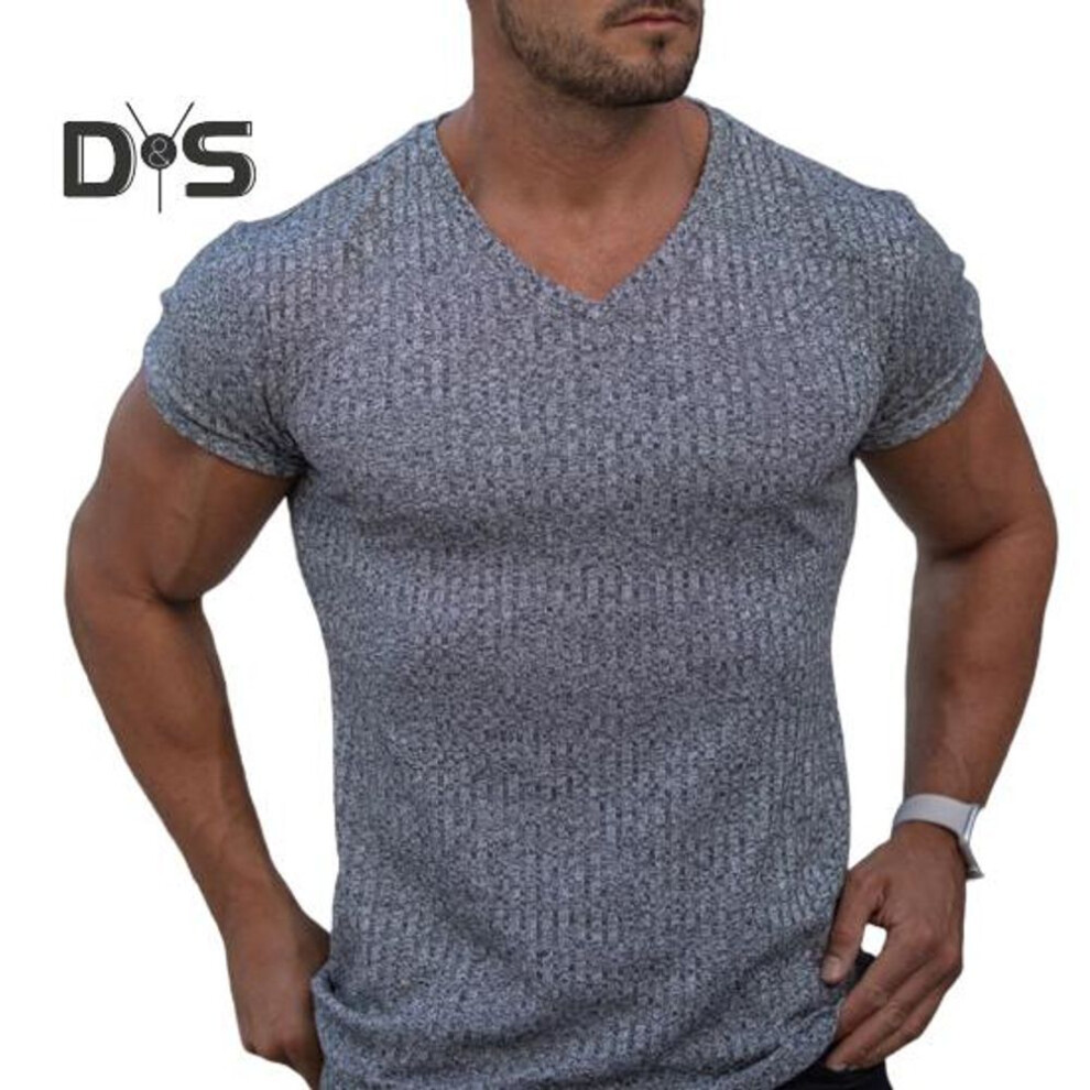 (light grey, M) Men V-neck Short Sleeve T-shirt Fitness Slim Fit Sports Stripes Solid Color Tee Tops Breathable Gym Clothing For Sports Travel Office