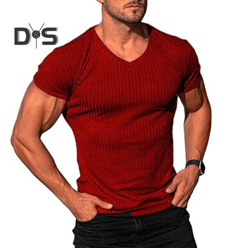(red, 3XL) Men V-Neck Short Sleeve T-Shirt Fitness Slim Fit Sports Stripes Solid Color Tee Tops Breathable Gym Clothing for Sports Travel Office