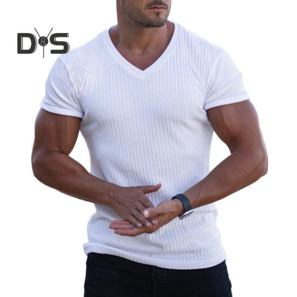 (white, XL) Men V-Neck Short Sleeve T-Shirt Fitness Slim Fit Sports Stripes Solid Color Tee Tops Breathable Gym Clothing for Sports Travel Office