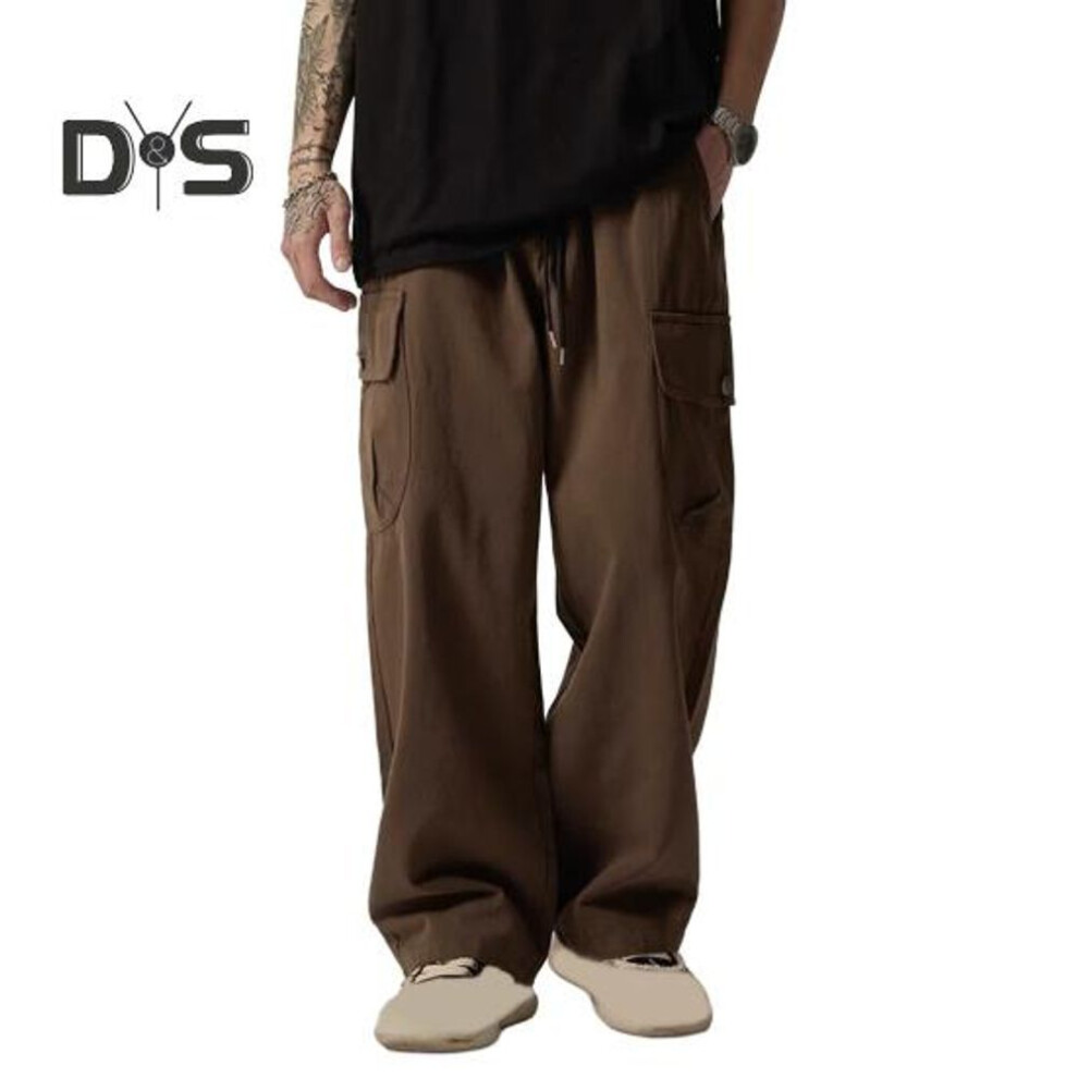 (brown, M) Men Cargo Pants with Multi-pocket American Style Straight Wide Leg Loose Drawstring Elastic Waist High Street Trousers for Travel Daily