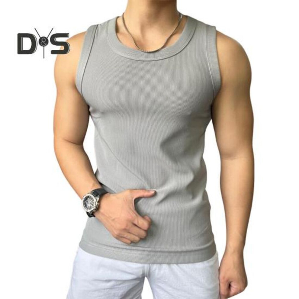 (light grey, M) Men Sport Vest Round Neck Sleeveless Slim Fit Elastic Solid Color Tank Tops Ribbed Exercise Fitness Tops