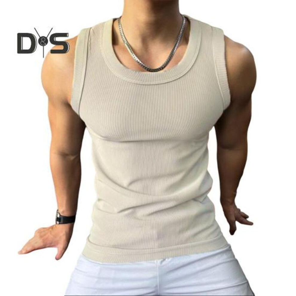 (khaki, L) Men Sport Vest Round Neck Sleeveless Slim Fit Elastic Solid Color Tank Tops Ribbed Exercise Fitness Tops
