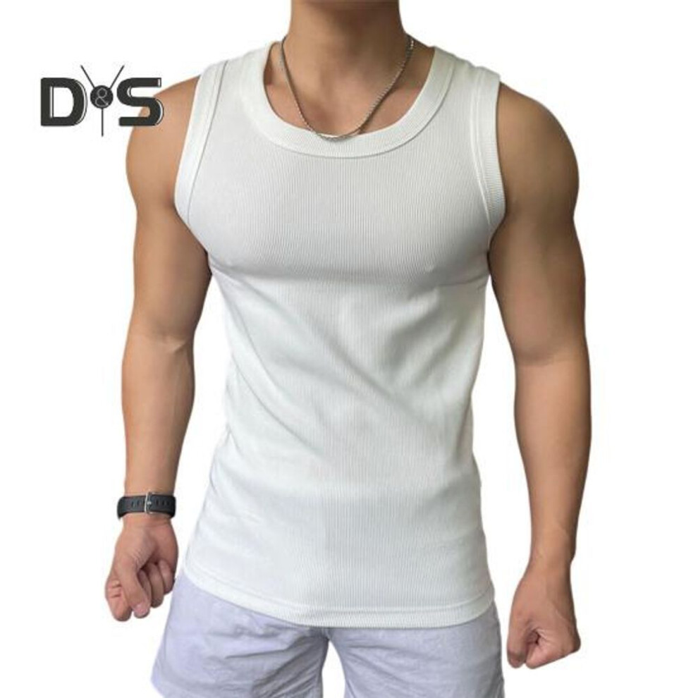 (white, M) Men Sport Vest Round Neck Sleeveless Slim Fit Elastic Solid Color Tank Tops Ribbed Exercise Fitness Tops