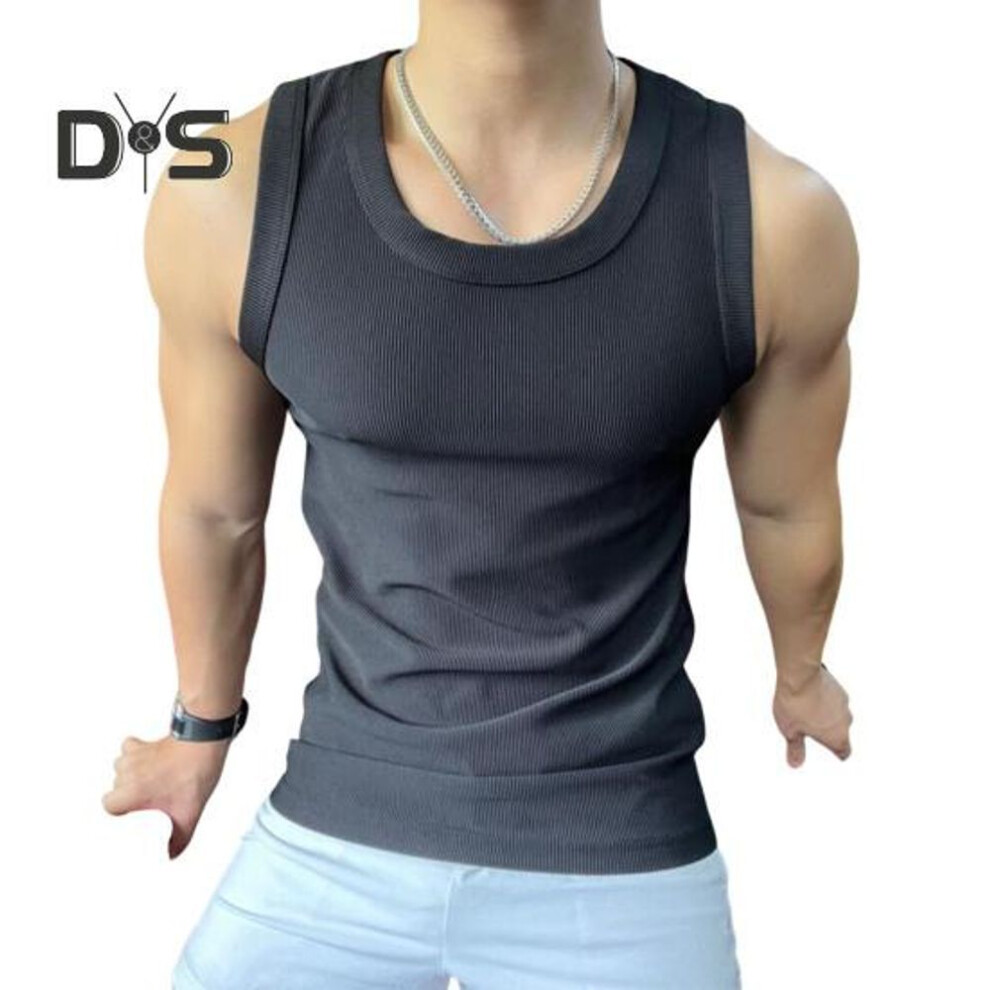 (black, XL) Men Sport Vest Round Neck Sleeveless Slim Fit Elastic Solid Color Tank Tops Ribbed Exercise Fitness Tops