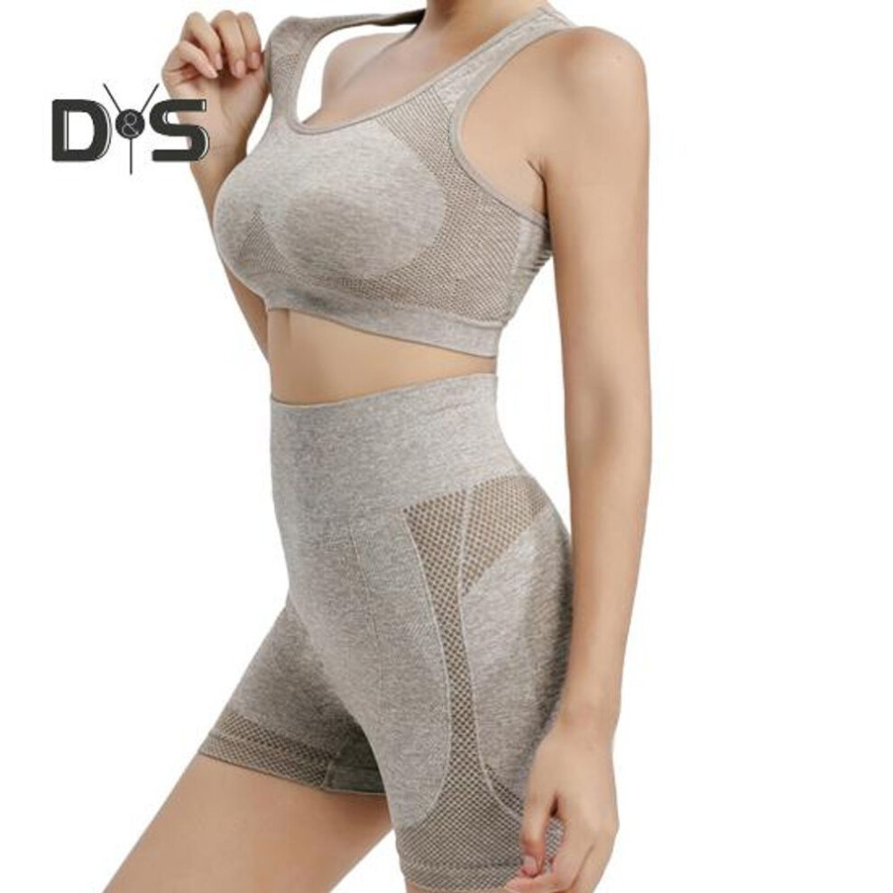 (khaki, M) 2 Pcs/set Women Sports Suit Push-up Sleeveless Vest With Chest Pads Seamless Quick-drying High Waist Shorts Sportwear Yoga Fitness Daily Wear