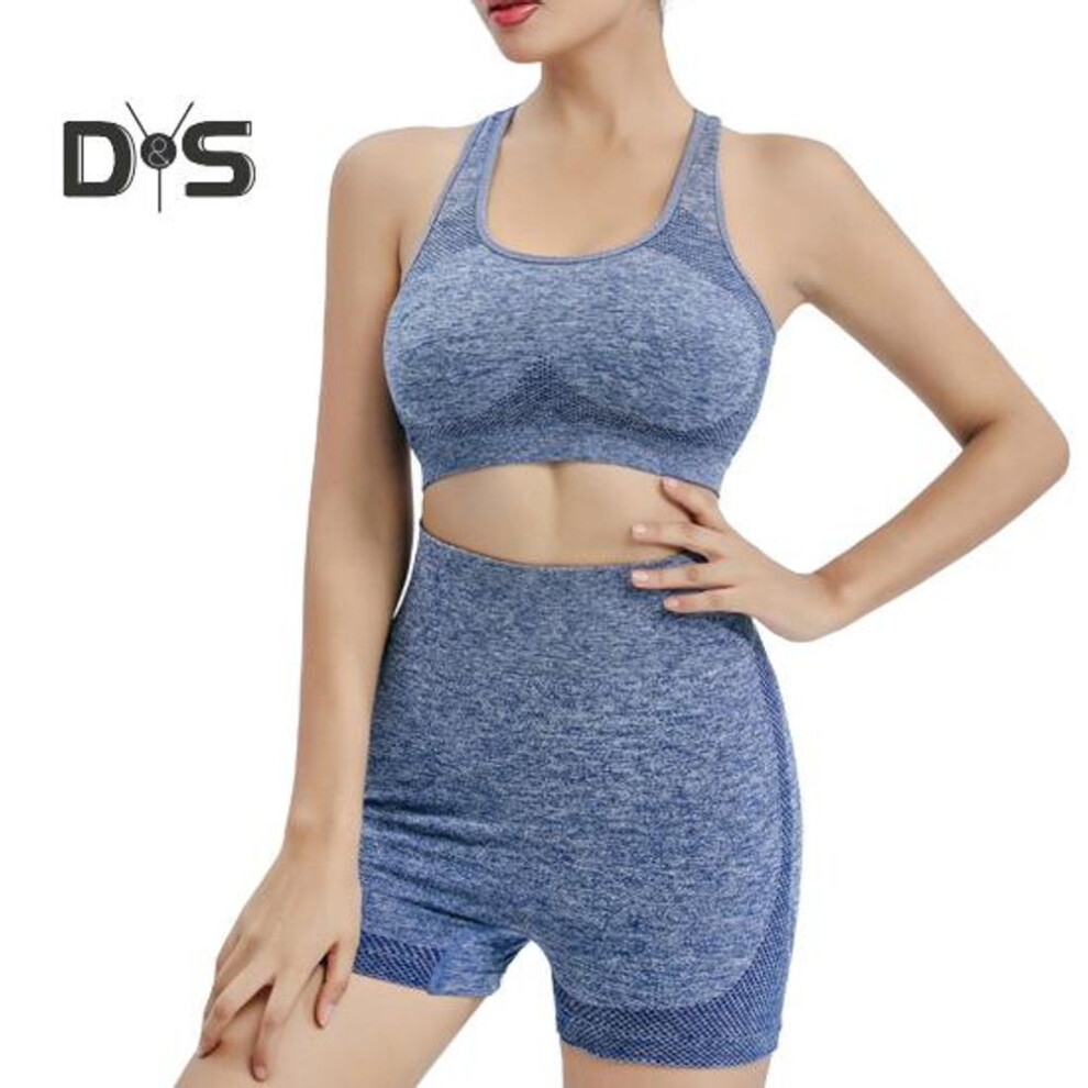 (blue, M) 2 Pcs/set Women Sports Suit Push-up Sleeveless Vest With Chest Pads Seamless Quick-drying High Waist Shorts Sportwear Yoga Fitness Daily Wear