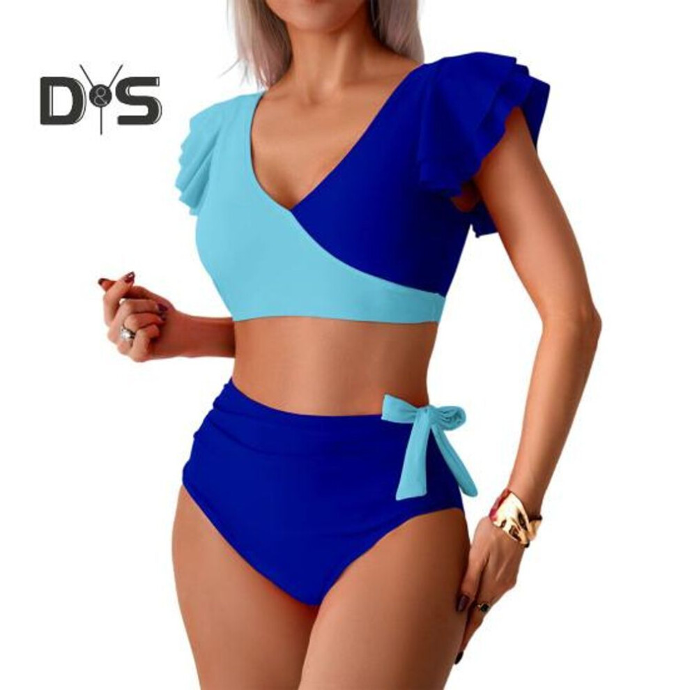 (S, blue) 2Pcs/Set Women Bikini Set V-neck Ruffle Sleeve Bra High Waist Swimming Briefs Set Curvy Cutout Bathing Suit Swimsuit