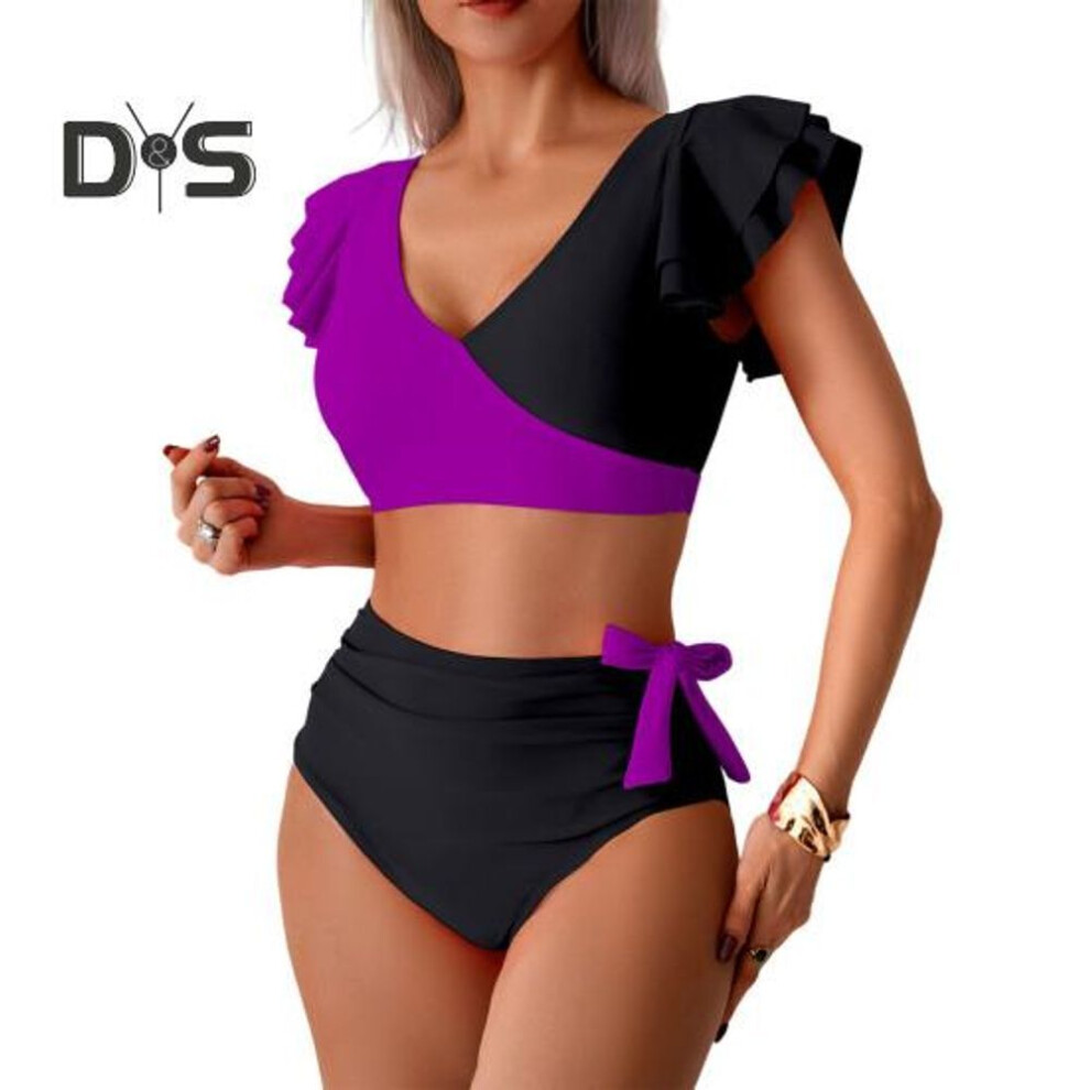 (M, purple) 2Pcs/Set Women Bikini Set V-neck Ruffle Sleeve Bra High Waist Swimming Briefs Set Curvy Cutout Bathing Suit Swimsuit