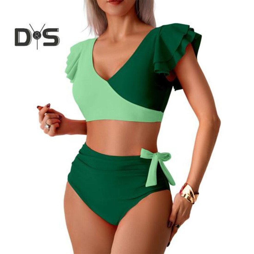(S, green) 2Pcs/Set Women Bikini Set V-neck Ruffle Sleeve Bra High Waist Swimming Briefs Set Curvy Cutout Bathing Suit Swimsuit