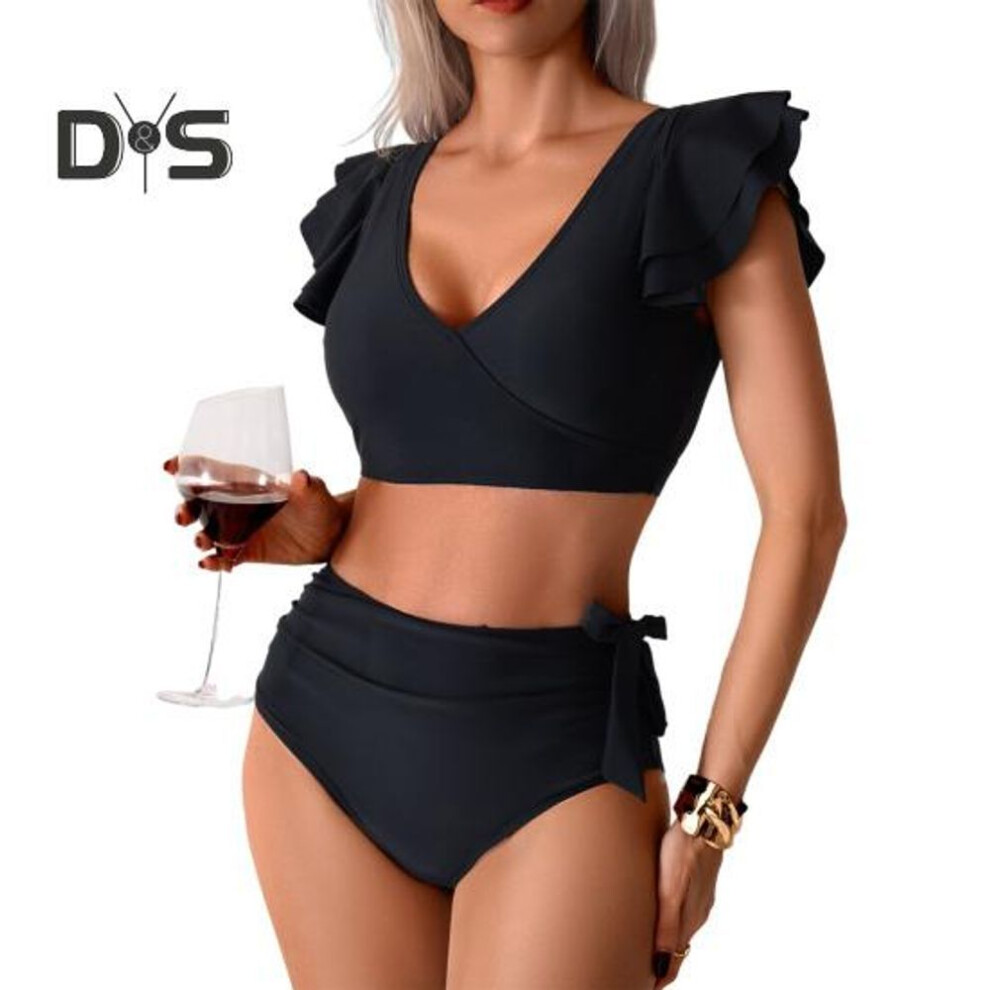 (L, black) 2Pcs/Set Women Bikini Set V-neck Ruffle Sleeve Bra High Waist Swimming Briefs Set Curvy Cutout Bathing Suit Swimsuit