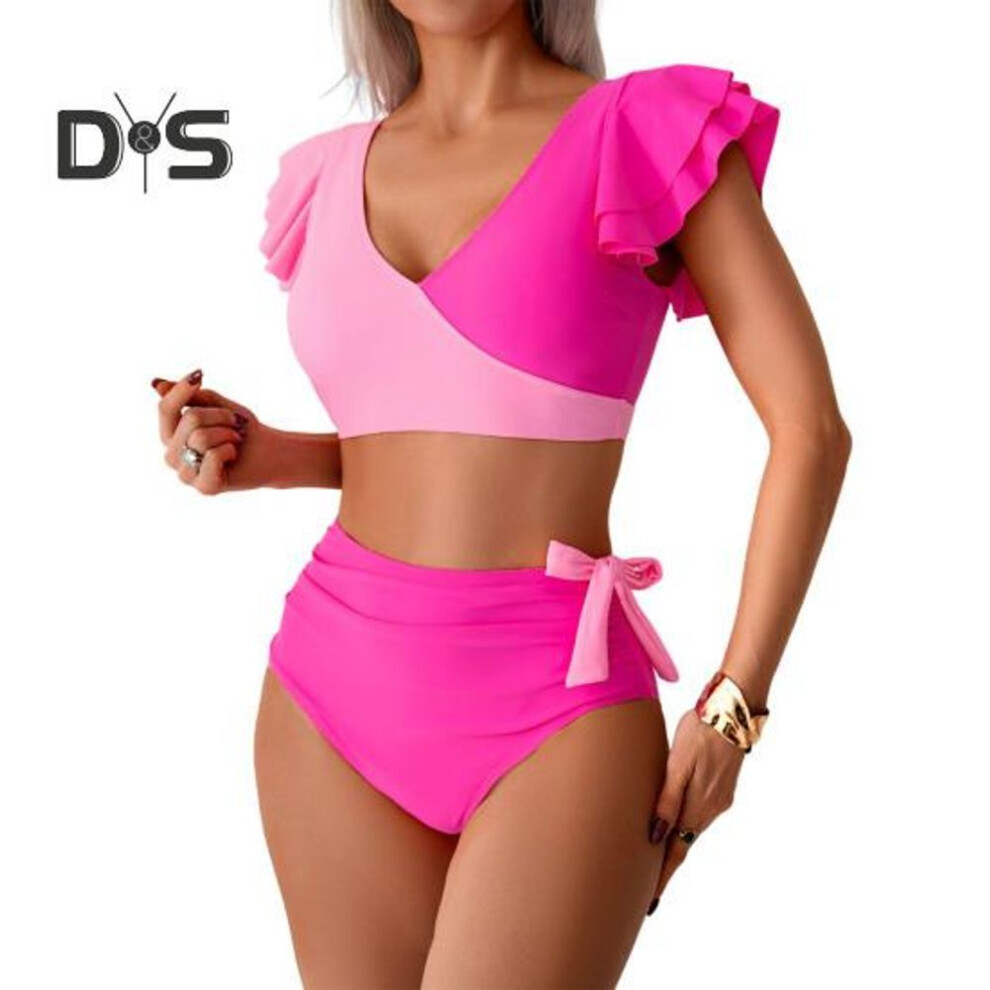 (L, pink) 2Pcs/Set Women Bikini Set V-neck Ruffle Sleeve Bra High Waist Swimming Briefs Set Curvy Cutout Bathing Suit Swimsuit