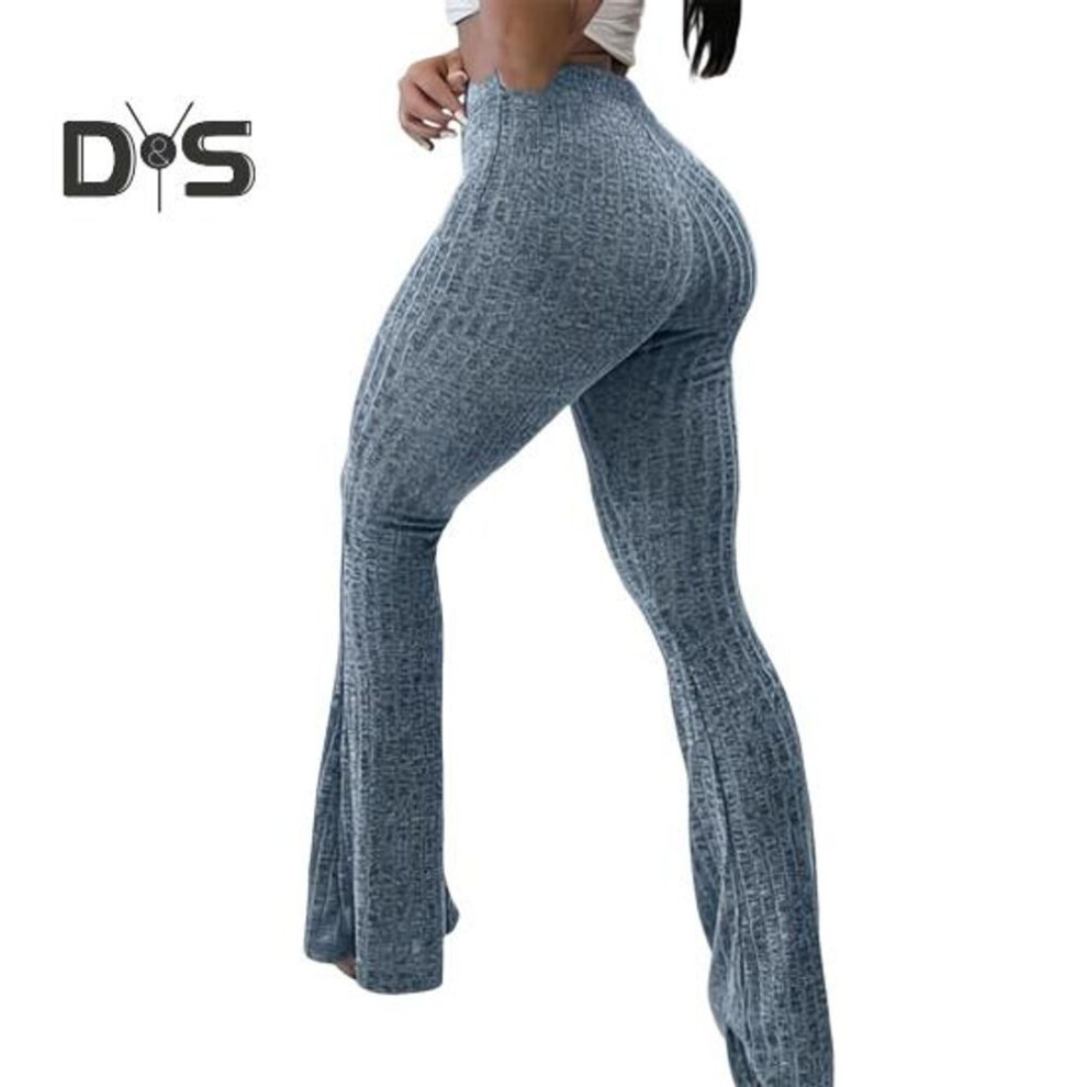 (blue, L) Women Yoga Pants High Waist Flared Leg Wide Leggings Solid Color Elastic Waistband Sport Pants Daily Wear