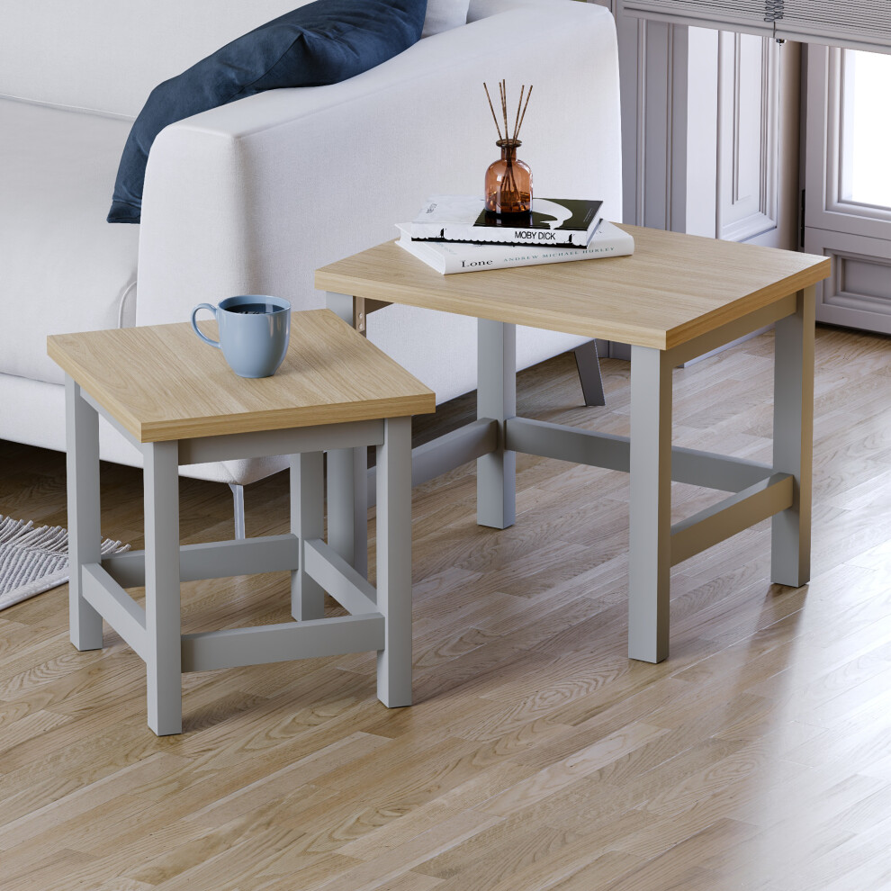 (Grey & Oak) Arlington Nest of 2 Tables Side Lamp Table Set