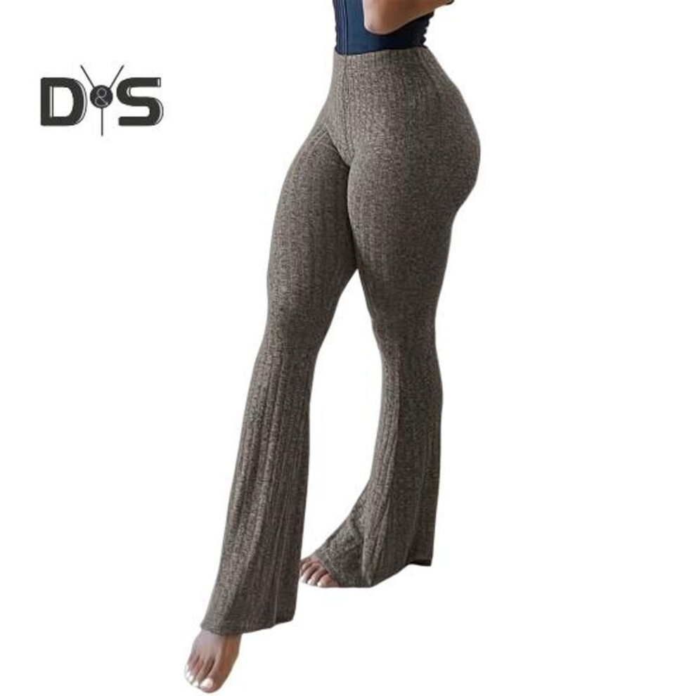 (brown, M) Women Yoga Pants High Waist Flared Leg Wide Leggings Solid Color Elastic Waistband Sport Pants Daily Wear