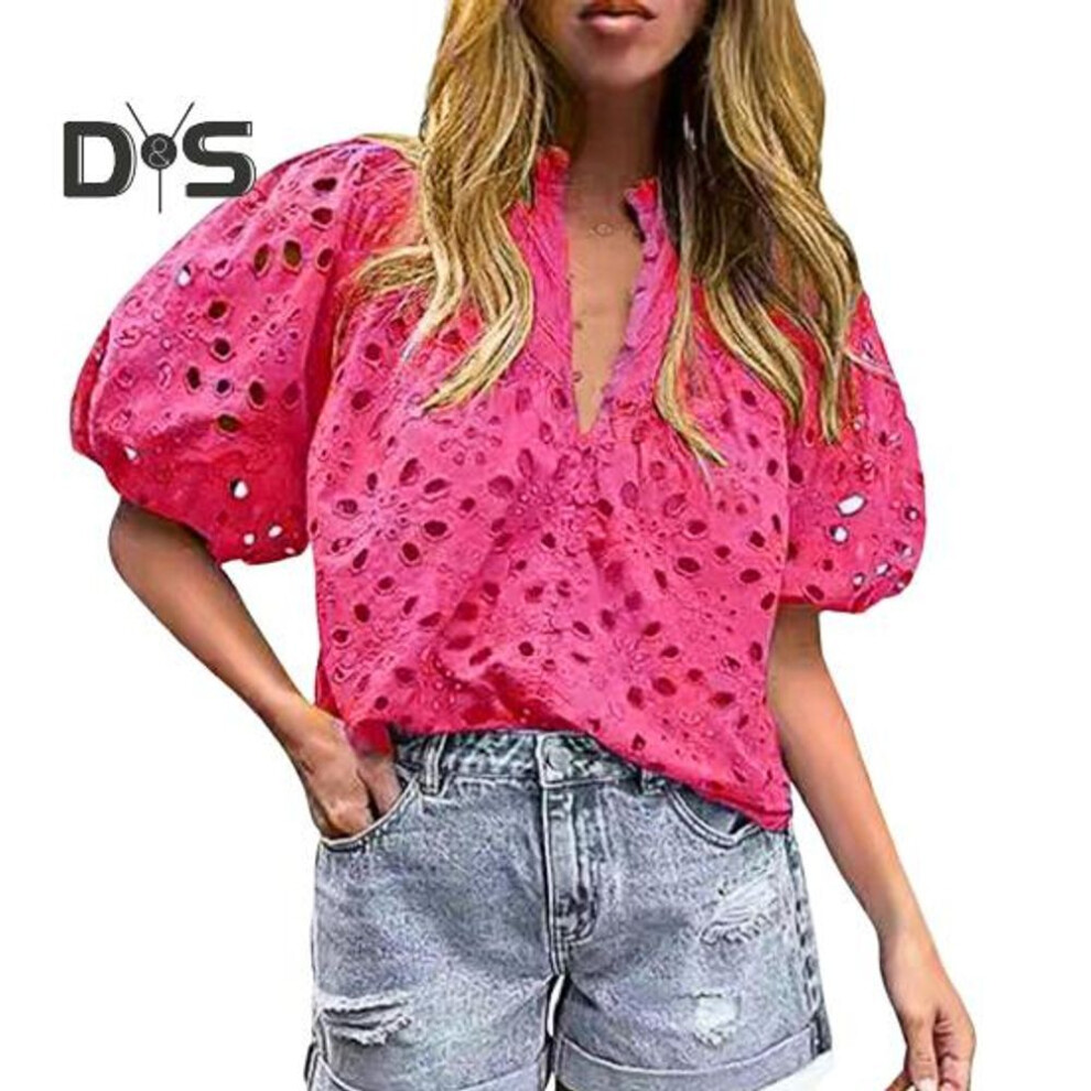 (S, rose red) Women Shirt Stand Collar V-Neck Puff Short Sleeve Shirt Hollow Embroidered Flower Pattern Lace Blouse Casual Dressy Tops