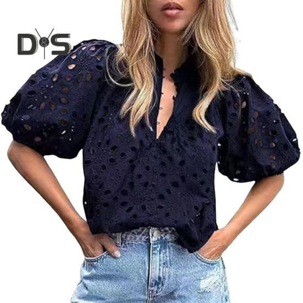 (S, dark blue) Women Shirt Stand Collar V-Neck Puff Short Sleeve Shirt Hollow Embroidered Flower Pattern Lace Blouse Casual Dressy Tops
