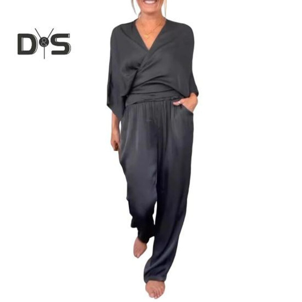(black, XL) 2 Pcs/Set Women Top Pants Suit V Neck Long Sleeves Cross Blouse High Waist Pleated Wide Leg Trousers Formal Commuting Outfit for Spring Summer