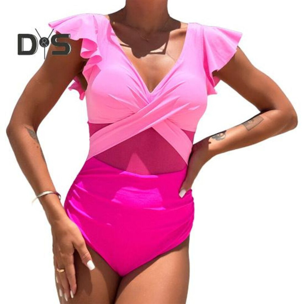 (XXL, rose red) Women Monokini Deep V Neck Mesh Splicing Ruffle Sleeve Swimsuit Solid Color Quick Drying One-piece Bikini