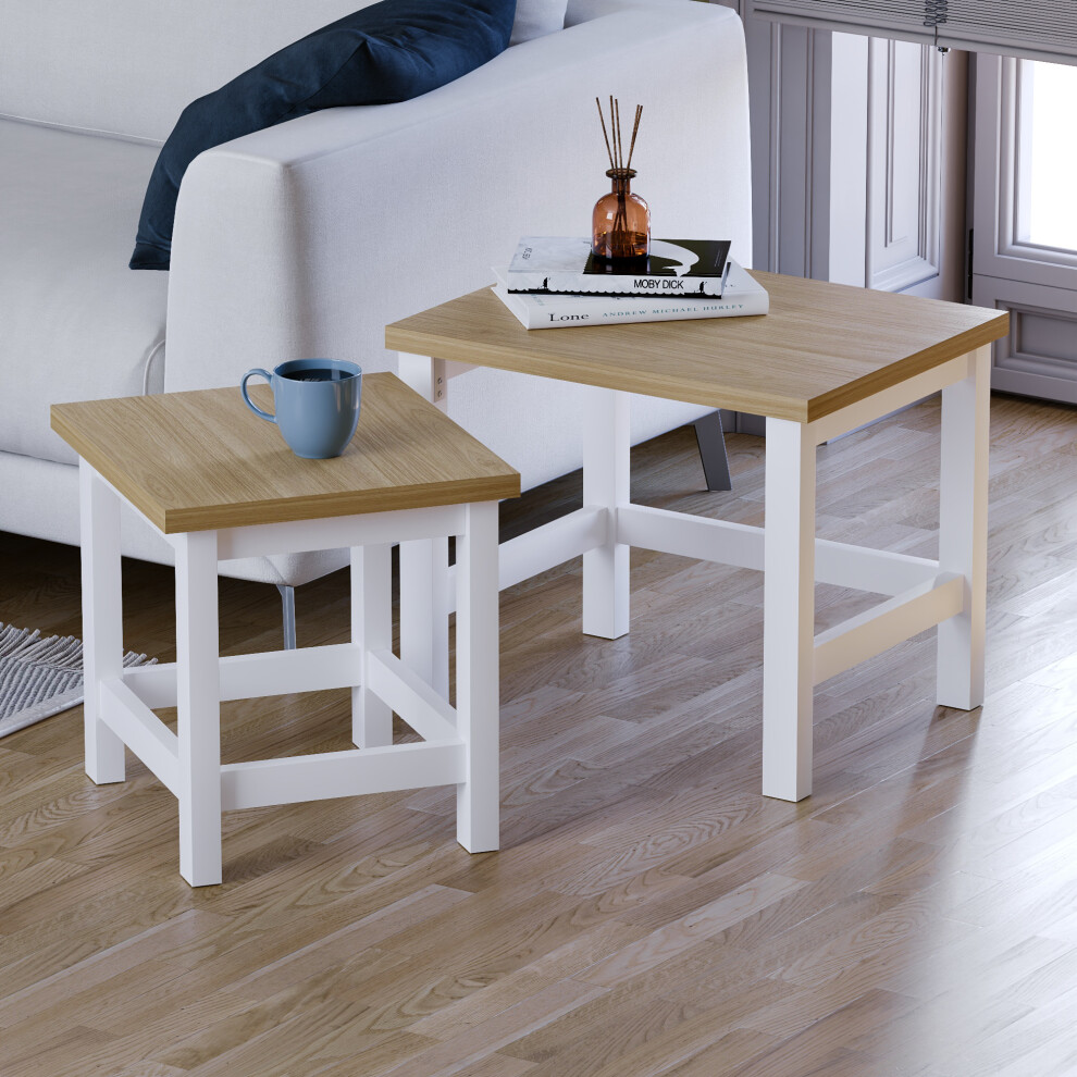 (White & Oak) Arlington Nest of 2 Tables Side Lamp Table Set