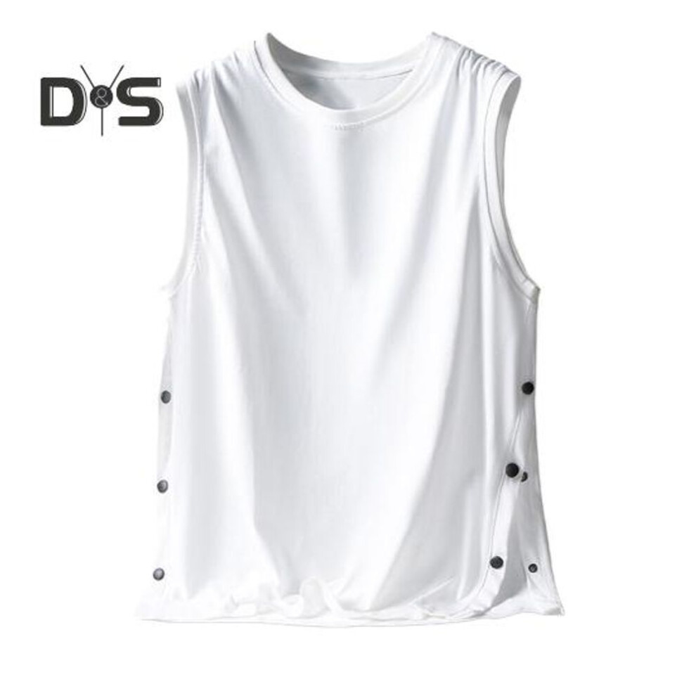 (white, L) Men Vest Sleeveless Round Neck Loose Fit Tank Tops with Side Buckles Closure Solid Color Casual Tops Summer Wear
