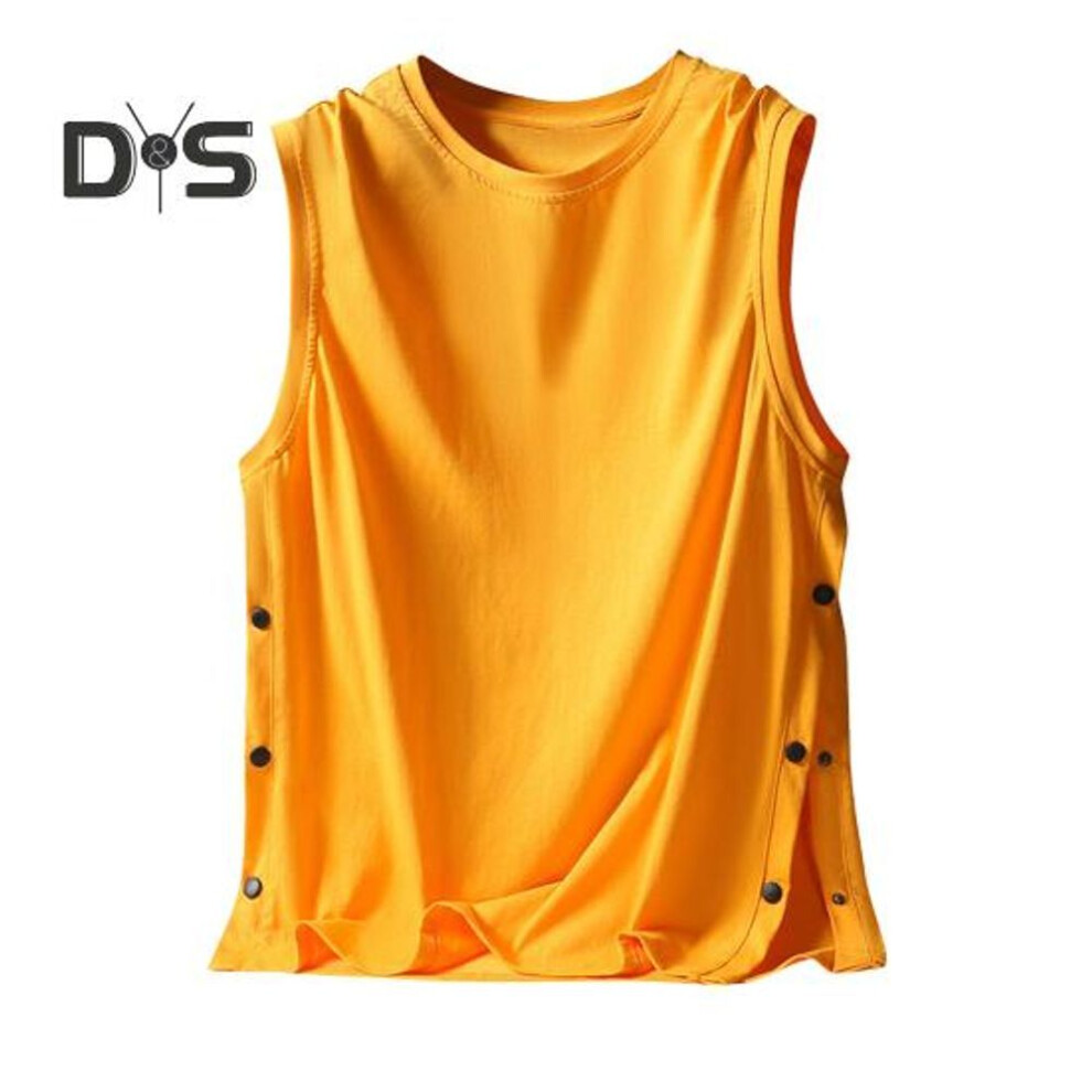 (yellow, 3XL) Men Vest Sleeveless Round Neck Loose Fit Tank Tops with Side Buckles Closure Solid Color Casual Tops Summer Wear
