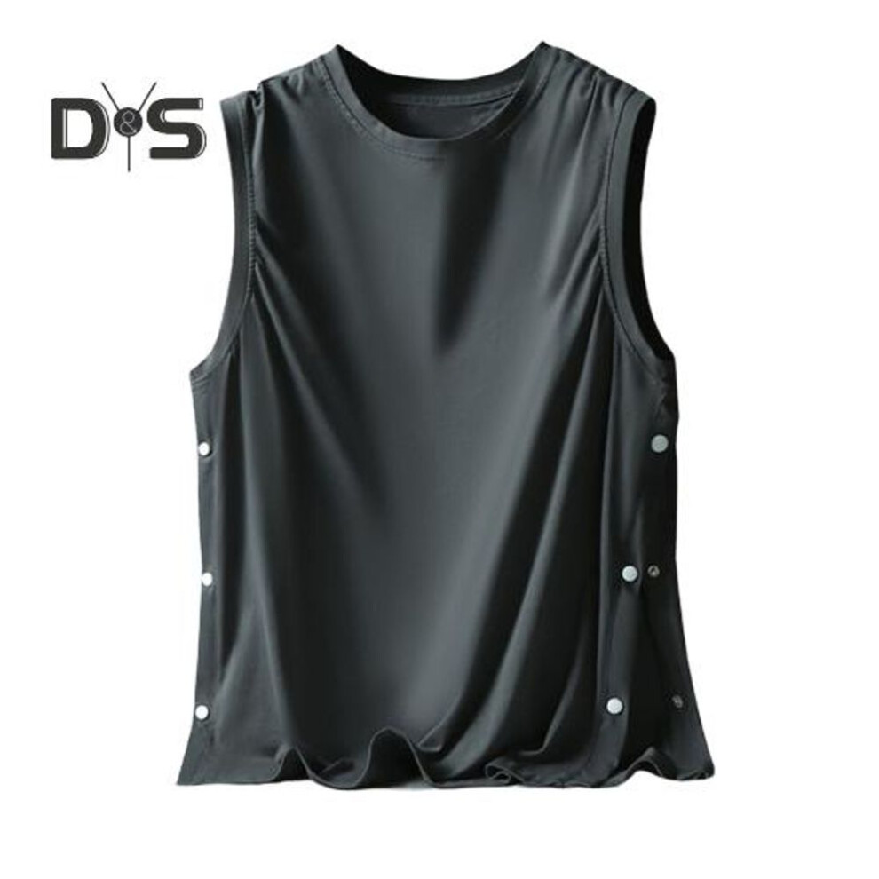 (dark gray, M) Men Vest Sleeveless Round Neck Loose Fit Tank Tops with Side Buckles Closure Solid Color Casual Tops Summer Wear