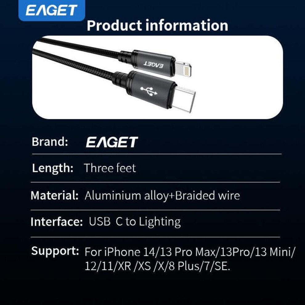 (1M) 27W USB C To Lightning Cable Fast Charging Type C To Lightning Cable Compatible With 14/13/12/11 Pro/XS Pro/ProMax/IPad 8 Black 6.6ft