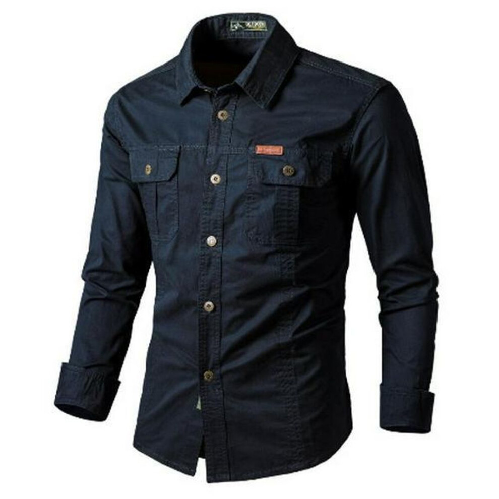 (L, dark blue) 1388 Cotton Workwear Dad Shirt - Long Sleeves, Spring/Autumn, Middle-Aged & Young, Outdoor Leisure, Large Sizes