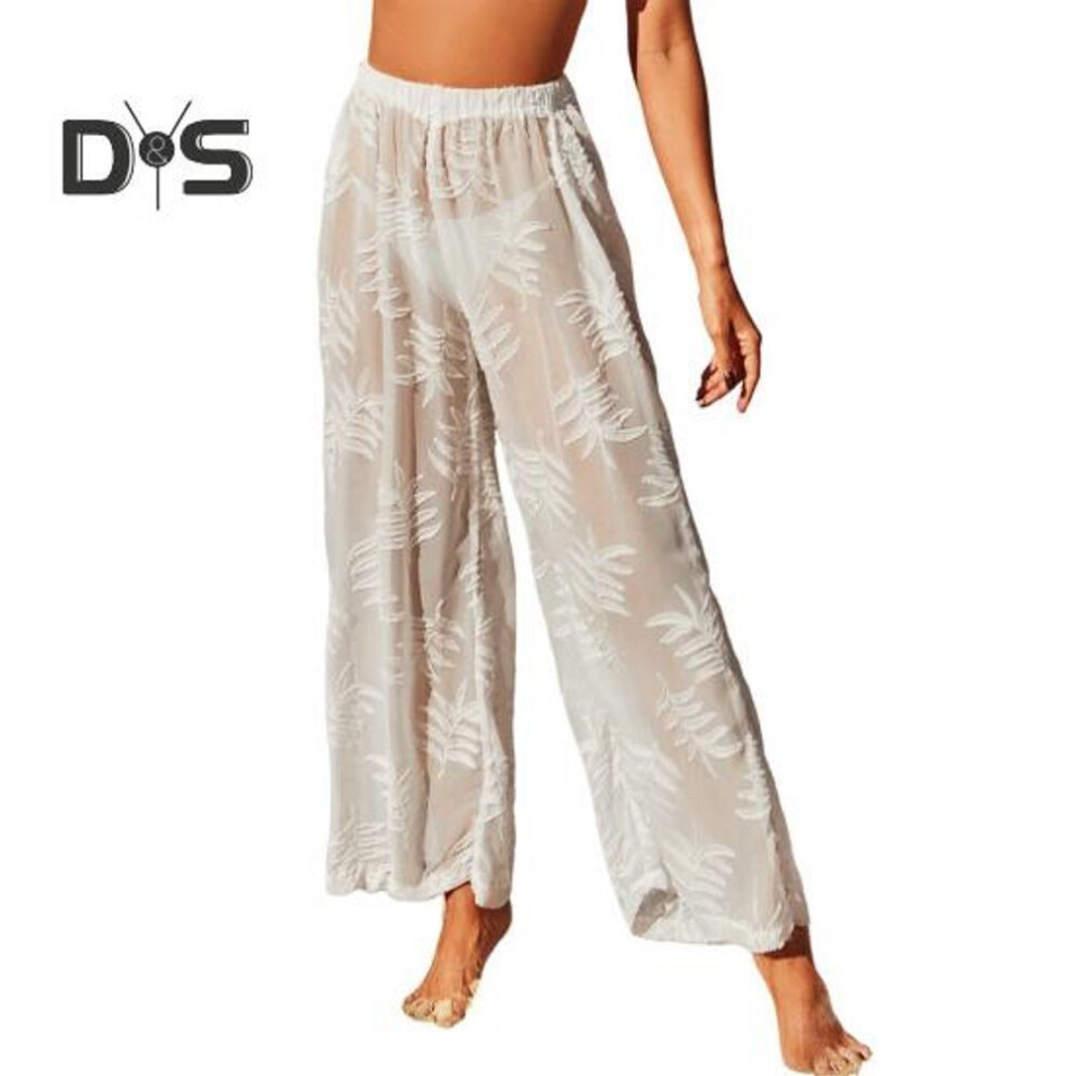 (white, L) Women Beach Pants Elastic High Waist Straight Wide Legs Sunscreen Protection Long Pants Loose Fit Jacquard Breathable Trousers