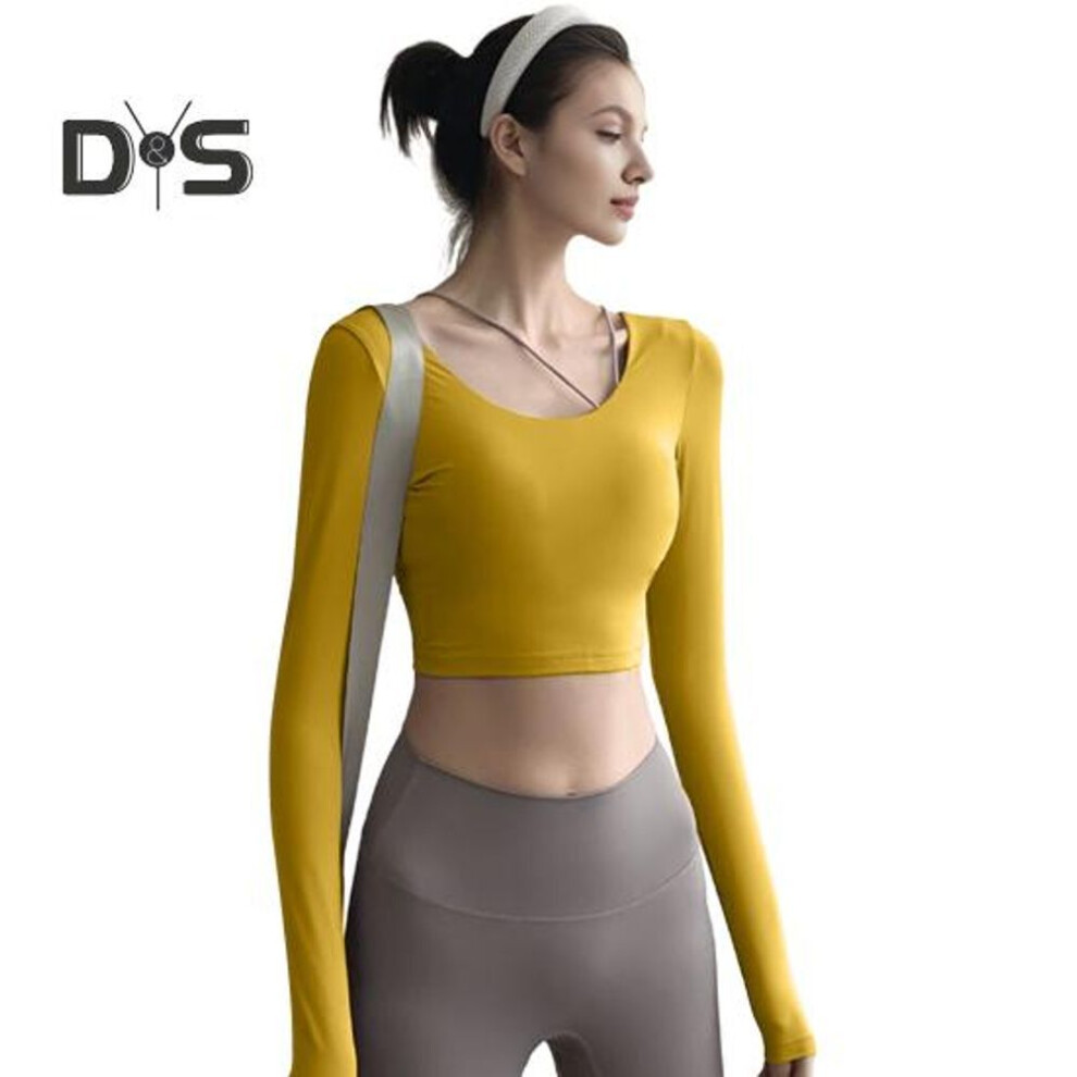 (yellow, M) Inner Padded Yoga Tops Women Sexy Back Long Sleeve Yoga Top Sport High Elastic Gym Fitness Running Workout T-shirt Soft Breathable Athletic Wear For
