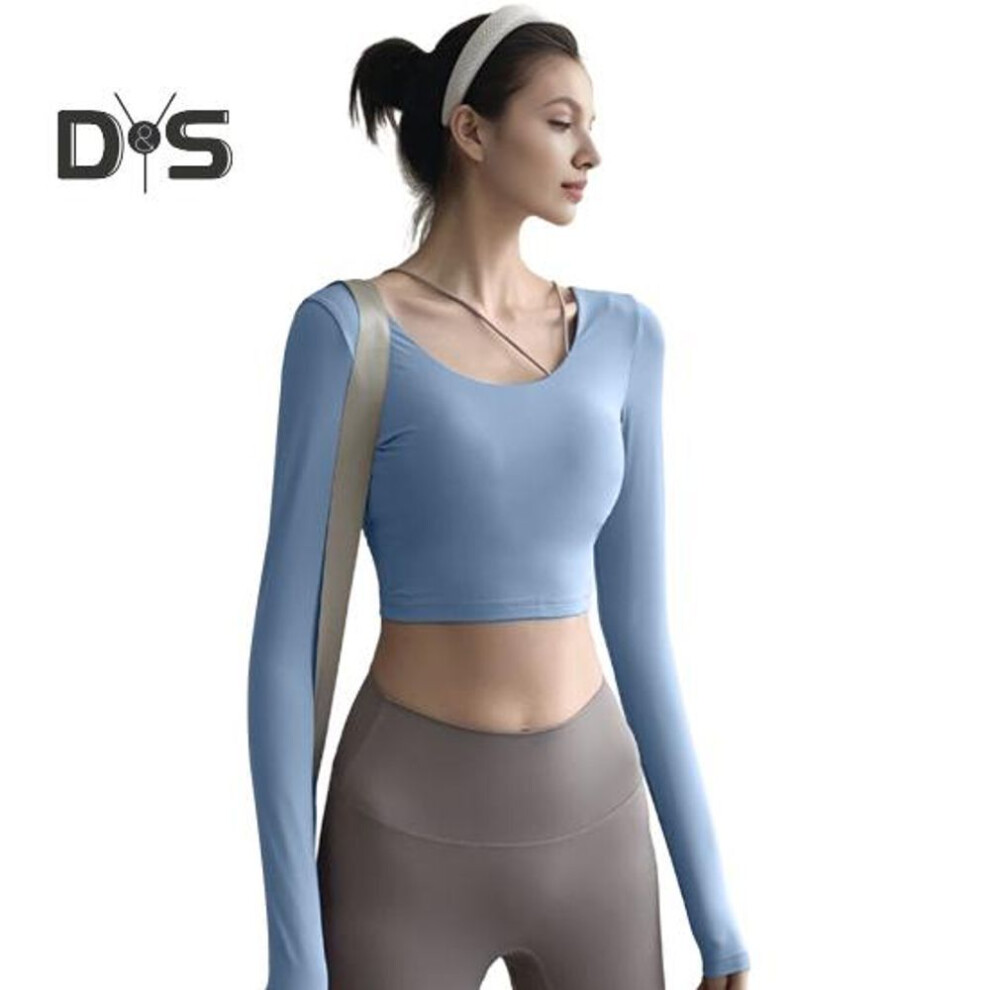 (blue, L) Inner Padded Yoga Tops Women Sexy Back Long Sleeve Yoga Top Sport High Elastic Gym Fitness Running Workout T-shirt Soft Breathable Athletic Wear For