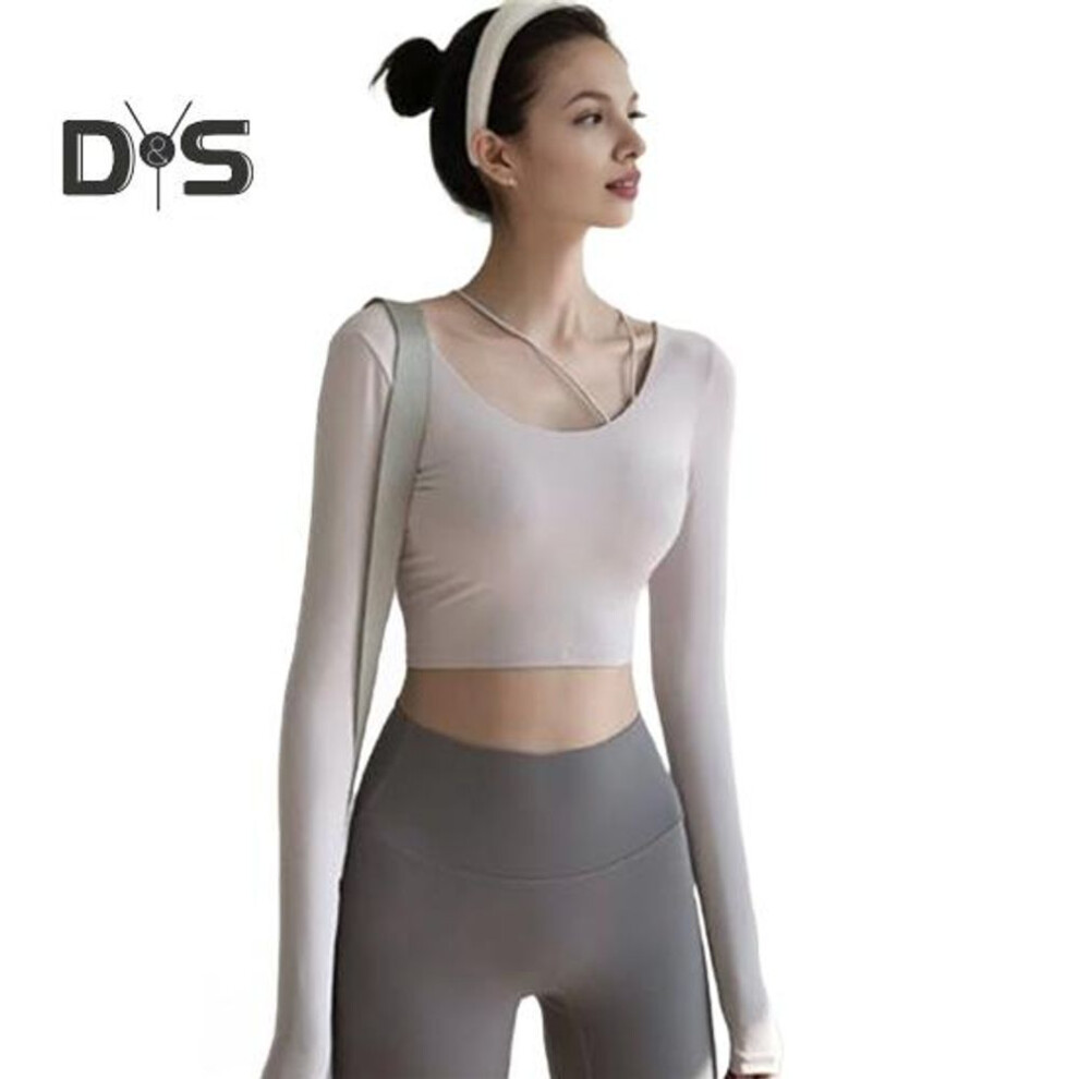 (white, M) Inner Padded Yoga Tops Women Sexy Back Long Sleeve Yoga Top Sport High Elastic Gym Fitness Running Workout T-shirt Soft Breathable Athletic Wear For