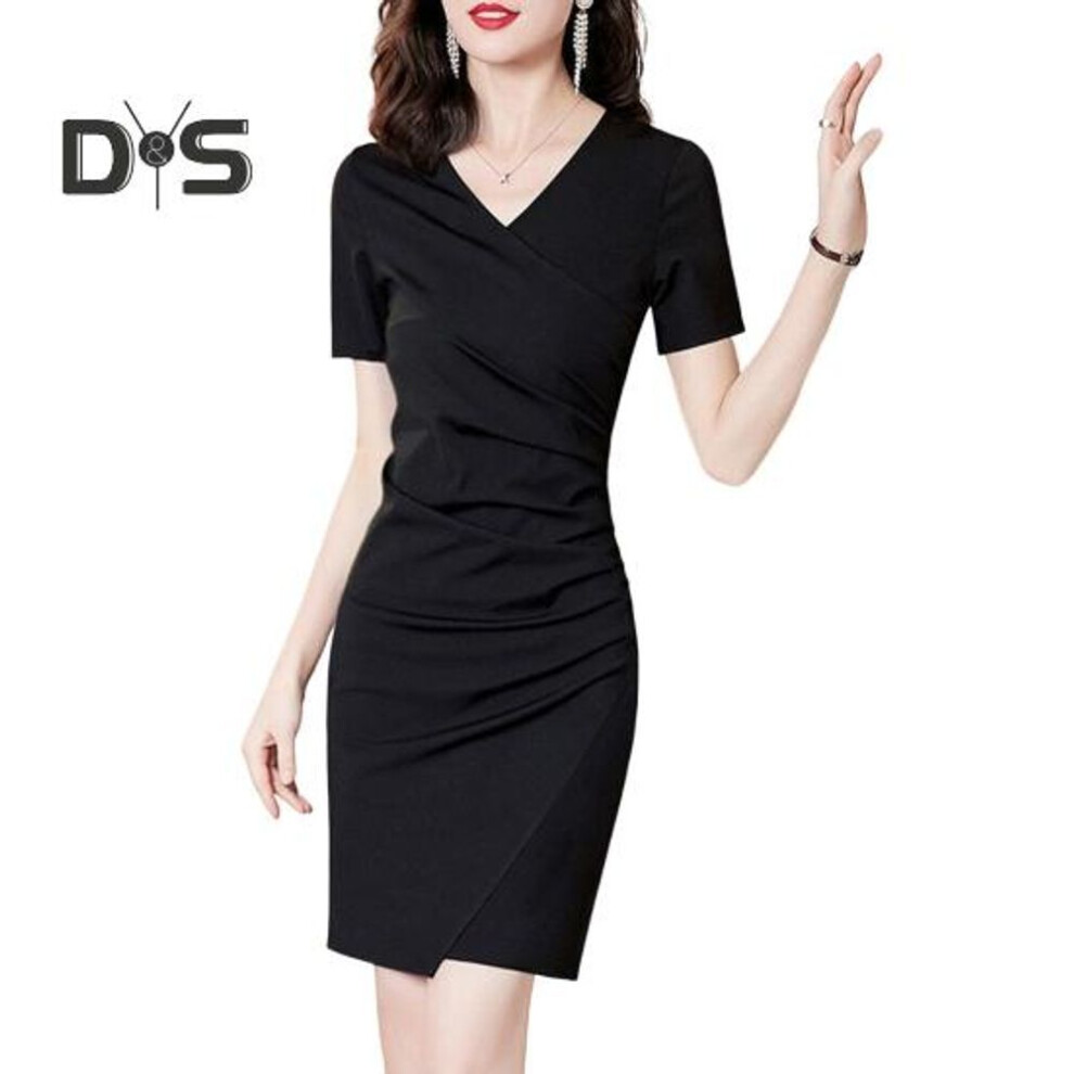 (black, 2XL) Women's Ruched Bodycon Dress Short Sleeve V Neck One Piece Slim Fit Dress Summer Casual High Waist Mini Short Dress