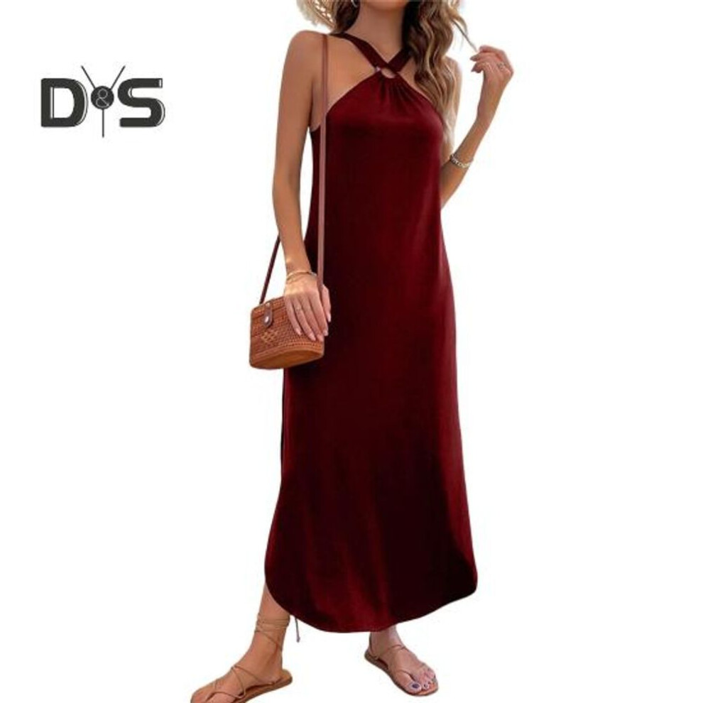 (wine red, L) Women Dress Halter Neck Off Shoulder Sleeveless Loose Maxi Dress with Pockets Summer Beach Vacation Dress