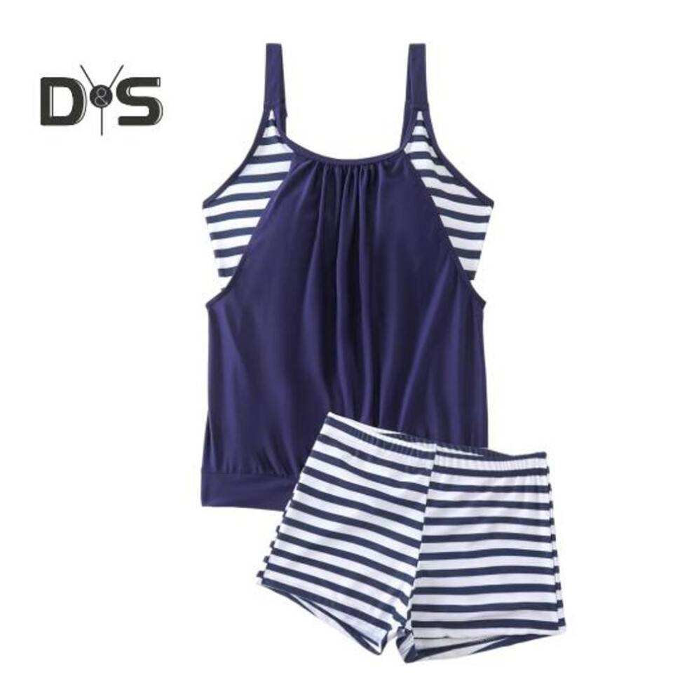 (XL, dark blue) 2 Pcs/set Women Swimsuit Striped Vest With Chest Pads Elastic Waist Shorts Set Hot Spring Bathing Suit Quick-drying Summer Beachwear