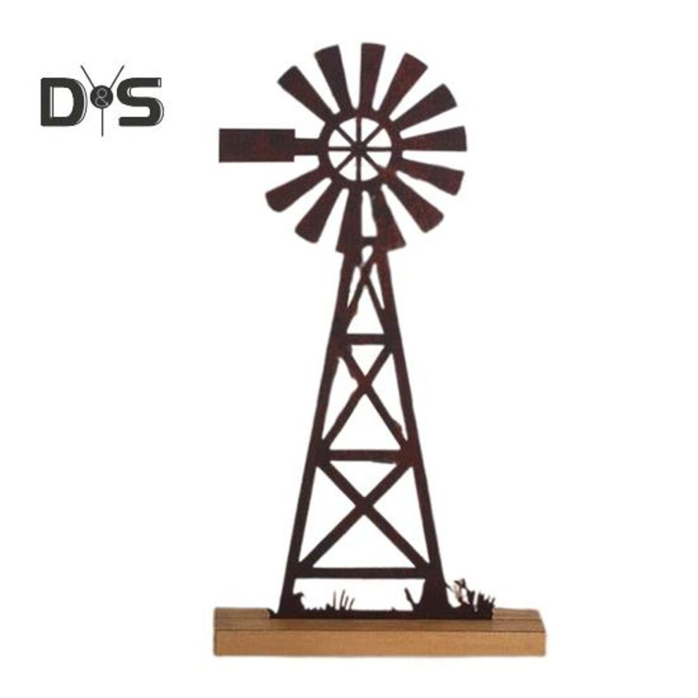 Farmhouse Windmill Table Decor 11.8 Inch 2d Metal Vintage Windmill With Base Rusty Color Windmill Centerpiece For Desk Mantel And Shelf Decor
