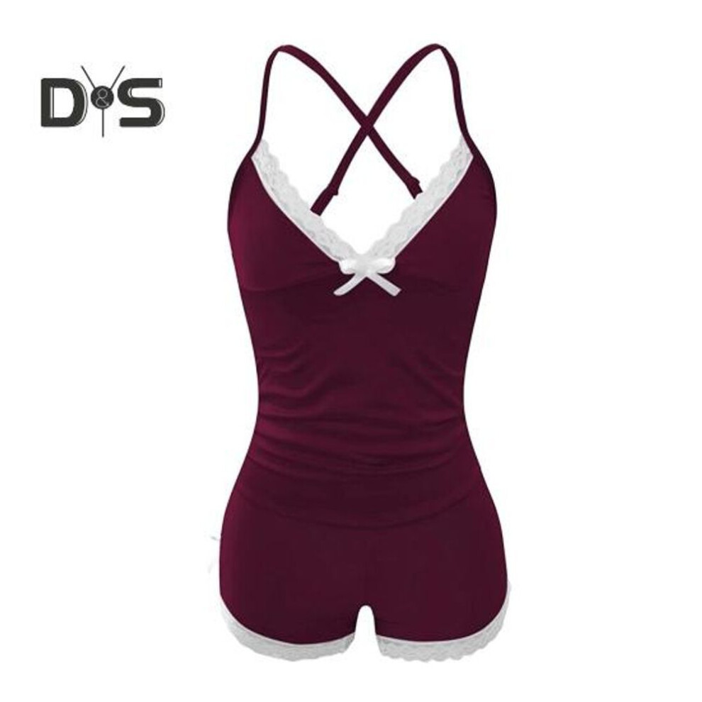 (S, dark red) 2 Pcs/set Women Pajamas Suit V Neck Sleeveless Lace Bow Vest Bedroom Sleepwear Elastic Waist Mini Shorts Homewear Clothes Loungewear Set