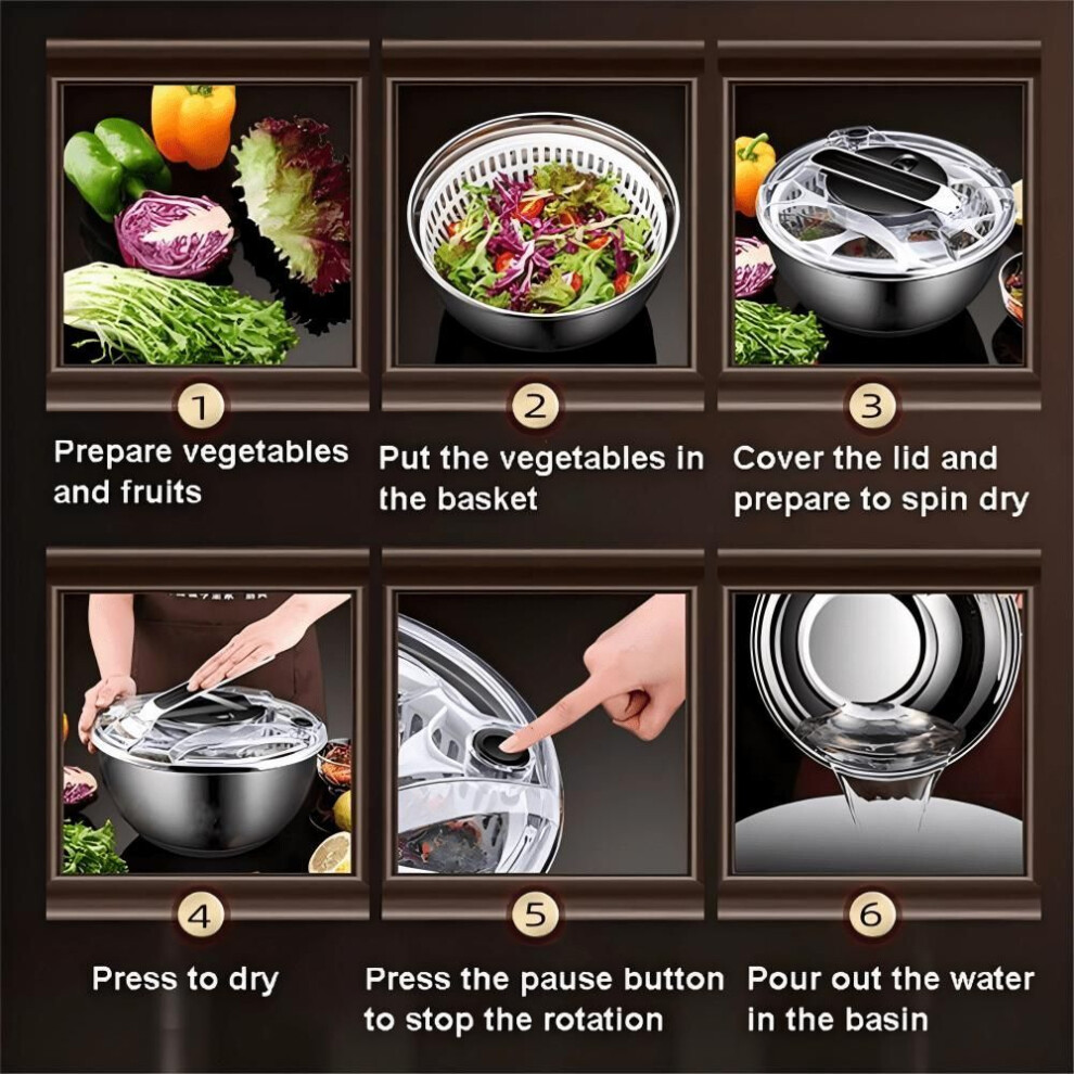 3.5l Stainless Steel Salad Spinner With With Secure Lid Button - Multifunctional Home Kitchen Lettuce Spinner With Stop Button