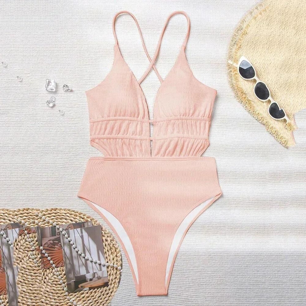 (M, pink) Sexy Black Ribbed Backless Swimwear Woman 2025 One Piece Swimsuits String Cross Swimming Wear Bathing Suit Bathers Bodysuit
